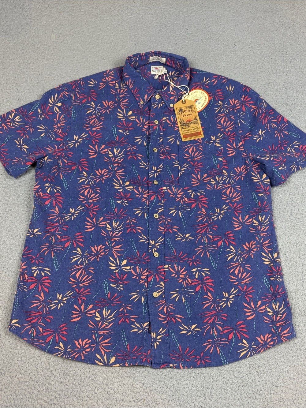 Faherty Breeze Hawaiian Shirt Navy Red Linen Blend Short-Sleeve Floral Print